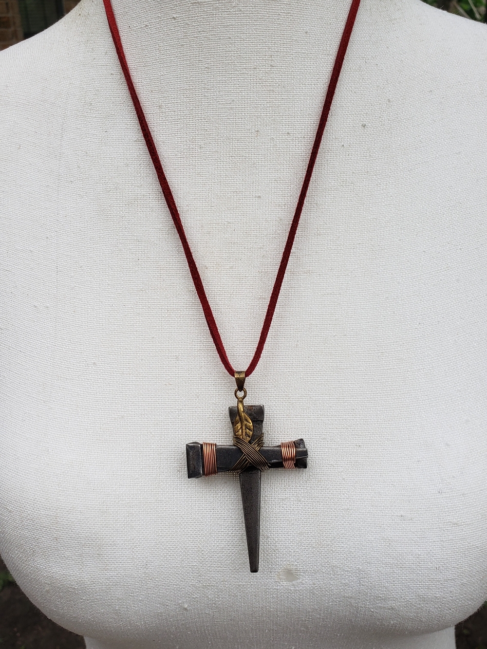 Rustic Cross Pendant Necklace with Red Suede Cord
